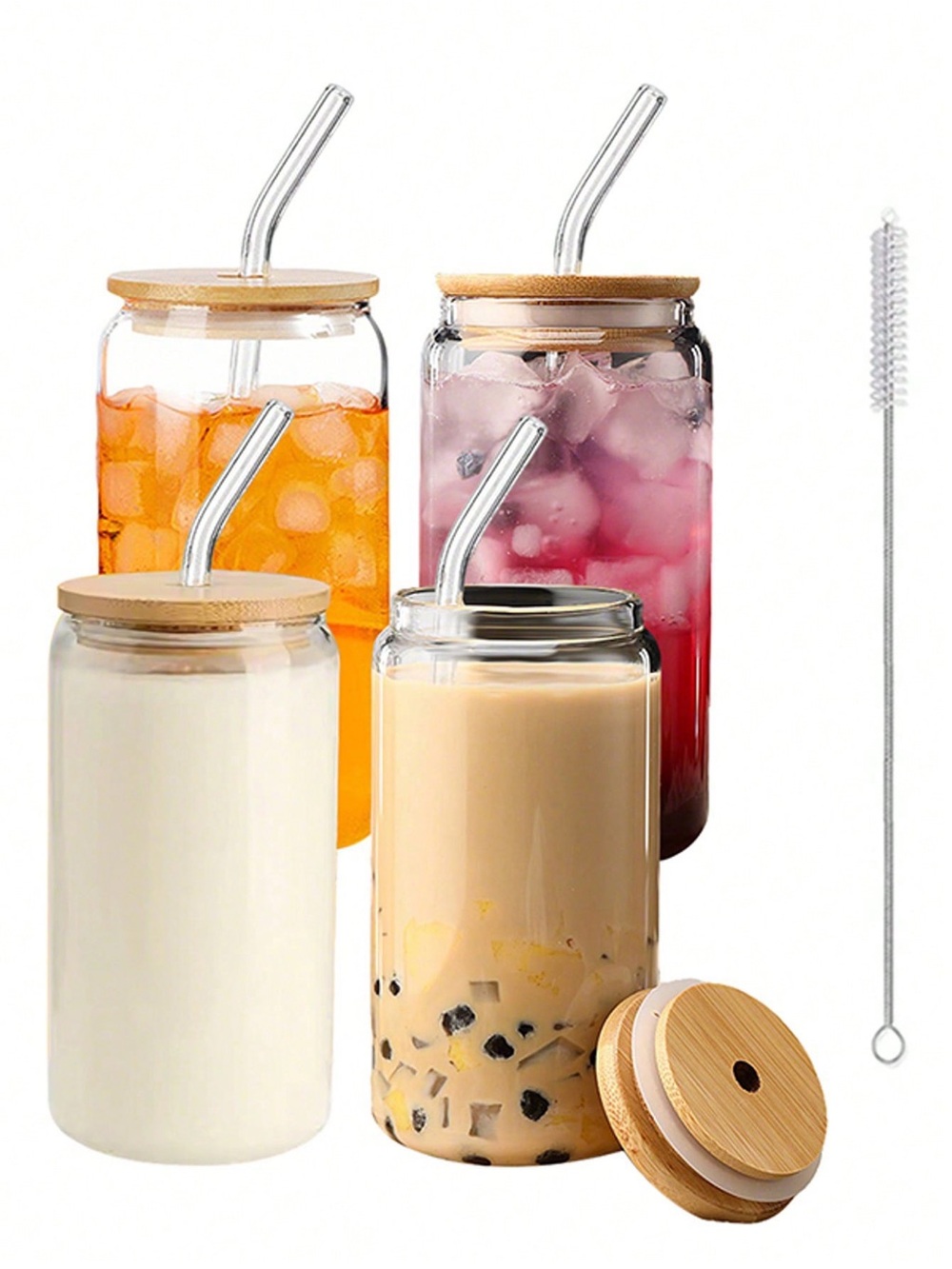 Bamboo Lid Glass Drinking Jar Set with Metal Straws - Clear